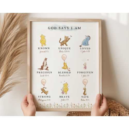 Classic Winnie The Pooh Wall Art, God Says I Am Biblical Affirmations, Christian Nursery Decor, Inspirational Scripture Printable, Digital