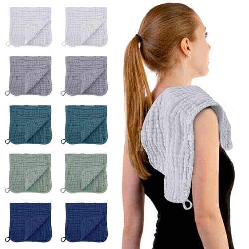 HIPHOP PANDA Muslin Burp Cloths, 10 Pack - Large 20" X10" - Ultra Absorbent and Soft 100% Cotton Baby Essentials Drool Rags and Messes for Newborn - ​Colorful Designs for Boy Girl, Gray Navy Fusion