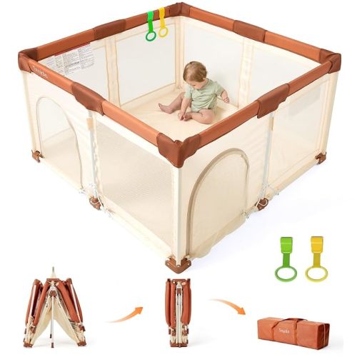 Tinyiota Foldable Baby Playpen, 50x50 Inch Portable Play Yard for Babies and Toddlers with Soft Breathable Mesh, Storage Bag & 2 Pull-Toy Handles for Indoor & Outdoor (Brown, 50x50)