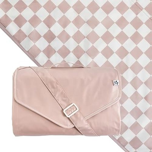 Tiny Twinkle Waterproof Picnic Blanket | 5'x7' 100% Recycled Polyester, Sandproof, Foldable, Portable for Beach, Camping, Travel (Beige Checkers)