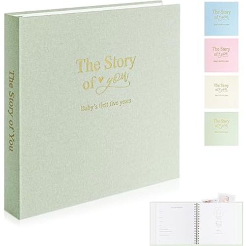 Timeless First 5 Years Keepsake Baby Memory Book for Boy or Girl, Luxury Linen Cover Acid Free Pages, Neutral Baby Journal Milestone Book or Scrapbook, Record the Story of You from Birth to Age 5