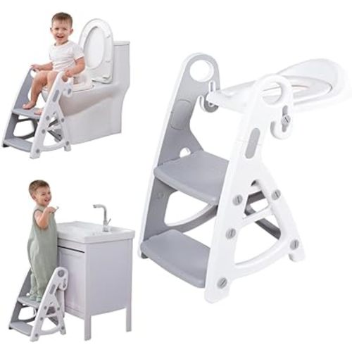 Potty Training Seat & Toddler Step Stool, Ultimate Stability Toddler Toilet Seat, Adjustable Step & Seat Height Potty Seats for Toddlers Boys Girls(Grey)