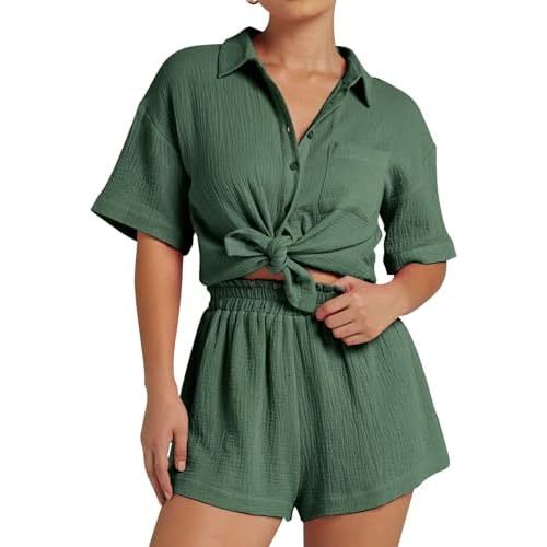 Flygo Womens Casual 2 Piece Outfits Cotton Linen Sets Button Down Shirt Shorts Resort Wear 2024 Pajama Beach Set