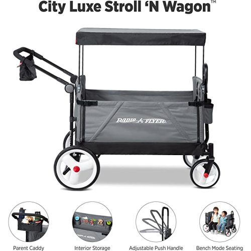 Radio Flyer City Luxe Stroll ‘N Wagon, Grey with Parent Caddy and Internal Storage Pockets, for 1+ Years