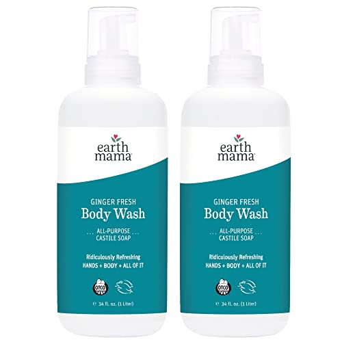 Earth Mama Ginger Fresh Foaming Hand Soap and All Purpose Body Wash for Sensitive Skin, Liquid Castile Soap with Organic Coconut Oil, Shea Butter, Calendula, & Aloe, 34-Fluid Ounce (2-Pack)