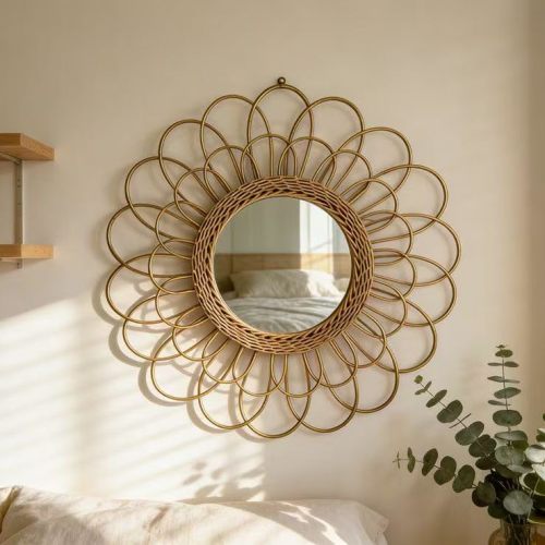 OYPEIP 22" Large Rattan Innovative Art Decoration Round Makeup Mirror Dressing Bedroom Bathroom Wall Hanging Mirrors Craft Photo Props,Glass Decor