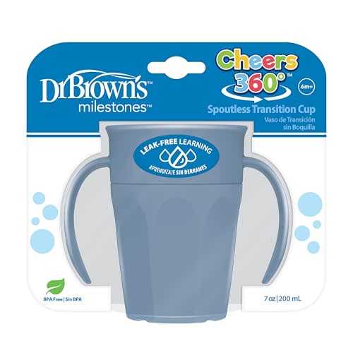 Dr. Brown's Milestones Cheers 360 Spoutless Transition Cup with Handles, Travel Friendly and Leak Free Sippy for Babies and Toddlers, Blue, BPA-Free, 7 oz/200 mL, 6m+