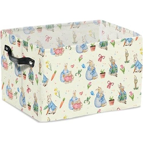 Rabbit Foldable Handle Storage Basket, Versatile Clothes Container, Gift Hamper for Girls and Boys Home Decor, Waterproof Organizer for Nursery, Bunny Square Toys Bin, Rectangular Book Box