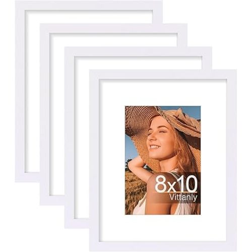Vittanly 8x10 Picture Frame Set of 4, Display Pictures 5x7 with Mat or 8x10 without Mat, Gallery Wall Frame Set for Wall or Tabletop Display, Engineered Wood with Shatter Resistant Plexiglass, White