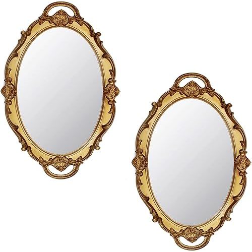 Eaoundm 14.5 x 10 inchs Oval Antique Decorative Wall Mirror Vintage Hanging Mirror (Gold 2 Pcs)