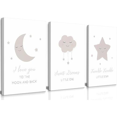 Framed Nursery Wall Art Beige Boho Moon Stars Cloud Canvas Wall Decor Neutral Nordic Baby Gentle and Sweet Cartoon Pictures Prints Posters for Boys Girls Bedroom Kids Room Ready To Hang 16x24inx3