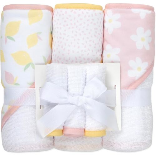 Jessica Simpson Baby 6-Piece Hooded Towel & Washcloth Set – Soft Polyester Bath Towels – Pink Stars & Hearts Design (Lemons & Floral)