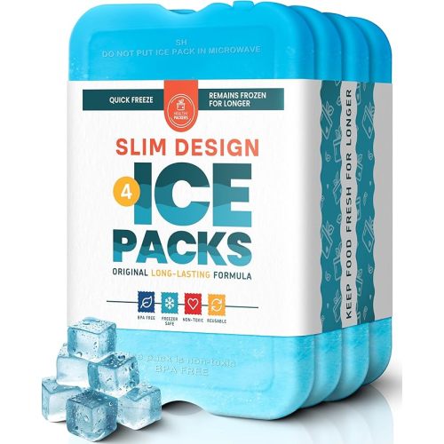 Healthy Packers Ice Packs for Lunch Boxes & Coolers - Freezer Packs - Original Cool Pack | Cooler Accessories for Beach, Camping & Fishing | Slim & Long-Lasting Reusable Ice Pack for Cooler (Set of 4)