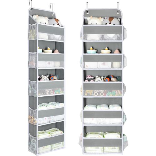 Yecaye 2 Pc Over The Door Organizer with 5 Bins 10 Side Pockets, 44lbs Load Hanging Bathroom and Bedroom Organizer, Behind The Door Hanging Organizers for Nursery Newborn Baby Essential Stuff Grey