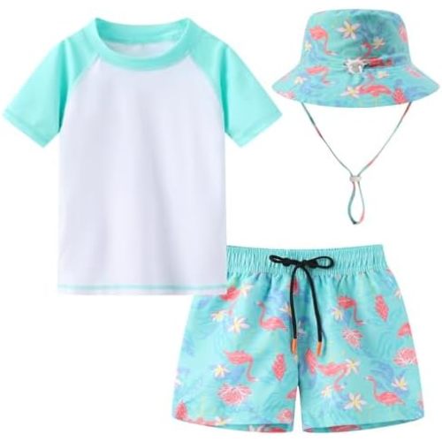 Toddlers and Baby Boys' 3-Piece Rashguard Sets Swimsuits Sets with Hat Surfing Swimwear Sunsuit UPF 50+