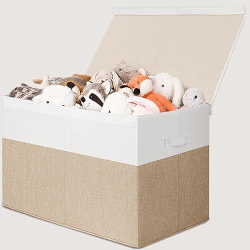 26"x17"x17" Large Toy Box, Toy Storage Organizer Collapsible Storage Bins with Lids Toy Chest for Nursery, Playroom, Living Room, Toy Baskets Storage Kids, Boys Girls (Beige & White)