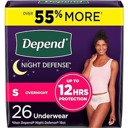 Depend Night Defense Adult Incontinence & Postpartum Bladder Leak Underwear for Women, Disposable, Overnight, Small, Blush, 26 Count, Packaging May Vary