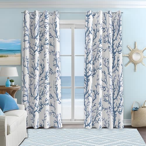 weesire Nautical Coastal Curtains Decorative Beach Ocean Coral 50% Light Blocking Sea Darkening Grommet Curtain for Villa Living Room, Bedroom Light Blue and White 2 Panels Set, 52x84 Inches