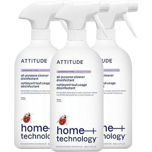 ATTITUDE Disinfectant Spray, All Purpose Cleaner with 99.99% Germ & Virus Elimination, Vegan & Plant-Based, Multi-Surface, Made in Canada, Thyme & Lavender Scent, 800 mL (Pack of 3)