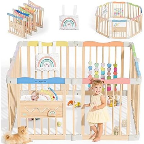 Foldable Wooden Playpen - Adjustable Wood Baby Play Yard, Indoor Large Safety Fence for Babies and Toddlers - Easy Assembly, 45 x 45 x 24 inches, Colorful Dream