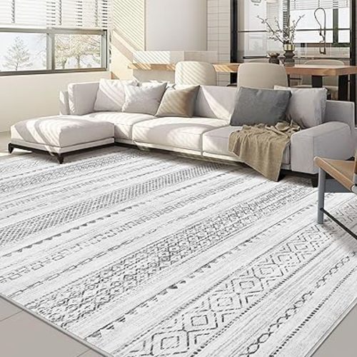 Nakagishi Area Rug Living Room Rugs: 5x7 Machine Washable Boho Large Neutral Farmhouse Stain Resistant Moroccan Indoor Floor Carpet for Bedroom Nursery Dorm Classroom Playroom Dining Room House- Grey