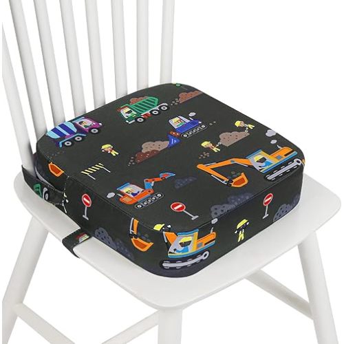 Toddler Booster Seat for Dining Table, Kids Booster Seat for Kitchen Chair with Non-Slip Bottom, Portable Detachable Washable Increasing Cushion with 2 Adjustable Straps (Excavator)