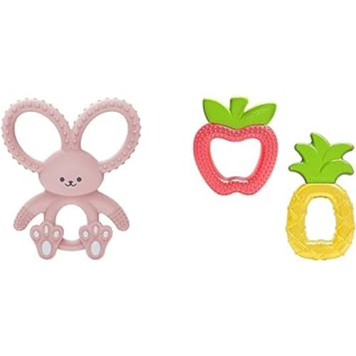 Dr. Brown's Flexees Pink Bunny Silicone Baby Teether, BPA Free, 3m+ and Dr. Brown's AquaCool Water-Filled Baby Teether, Cools & Massages Sore Gums, BPA Free, Pineapple and Apple, 2 Pack, 3m+ Bundle