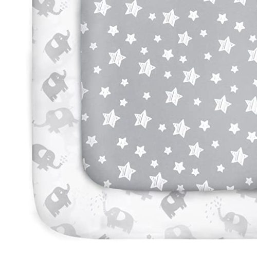 Mini Crib Sheets, 2 Pack Sheets, Stretchy Pack n Play Playard Fitted Sheet, Compatible with Graco Pack n Play, Soft and Breathable Material, Stars & Elephant