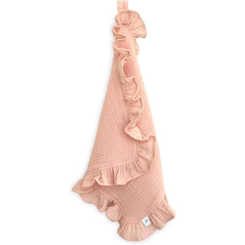 Ryan & Rose Cutie Lovey - Soft 100% Organic Cotton Muslin with Attachable Snap Closure - Loveys for Babies Newborn Baby Lovey Security Blankets for Babies Baby Blanket (Ruffle Peachy)