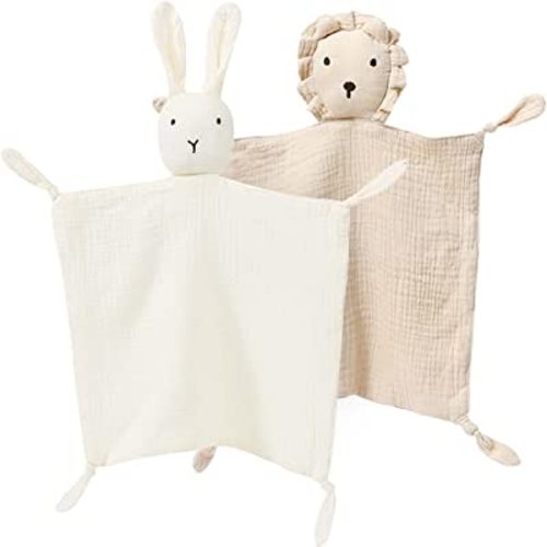 YCHWFF Organic Cotton Muslin Lovey Blanket, Organic Cotton Muslin Bunny & Lion Security Blanket Soft & Breathable Lovie Baby Gifts for Boys and Girls (Beige Bunny/Khaki Lion)