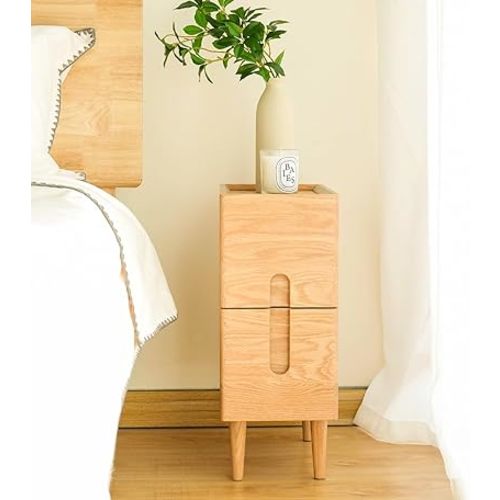 Mid Century Modern Nightstand, Solid Wood Night Table, Minimalist Nightstand, Side Table for Bedroom, 2-Drawer Bedside Tables, Narrow Oak End Table Easy Installation (Natural, 7.87inches)