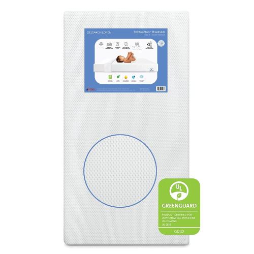 Delta Children Twinkle Stars Crib and Toddler Mattress with Breathable, Removable Machine-Washable Cover - GREENGUARD Gold - Waterproof Baby Bed - Sustainably Sourced Fiber Core - 52”Lx27.5”W, White