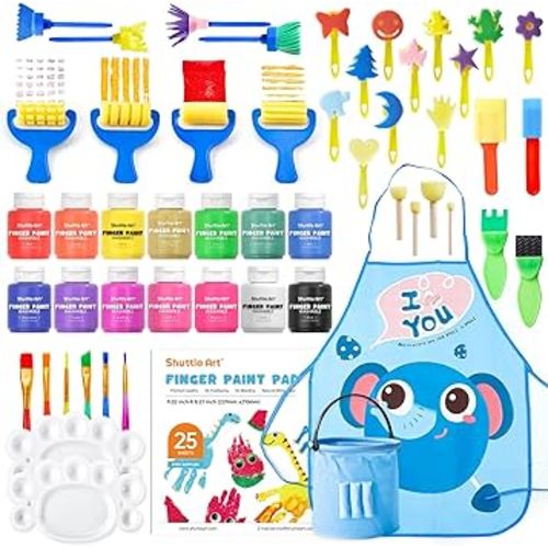 Washable Finger Paint Set, Shuttle Art 46 Pack Kids Paint Set with 14 Colors(60ml) Finger Paints, Brushes, Finger Paint Pad, Sponge, Palette, Smock, NonToxic for Toddlers Home Activity Early Education