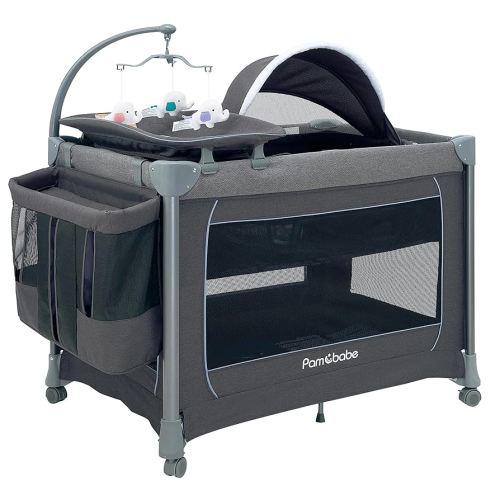 Pamo Babe 1-Second Setup 5-in-1 Playard for Babies - Heavy-Duty Steel Frame for Safe Sleep Space, Portable Crib with Zip Door & Changing Table, Locking Wheels, Breathable Mesh