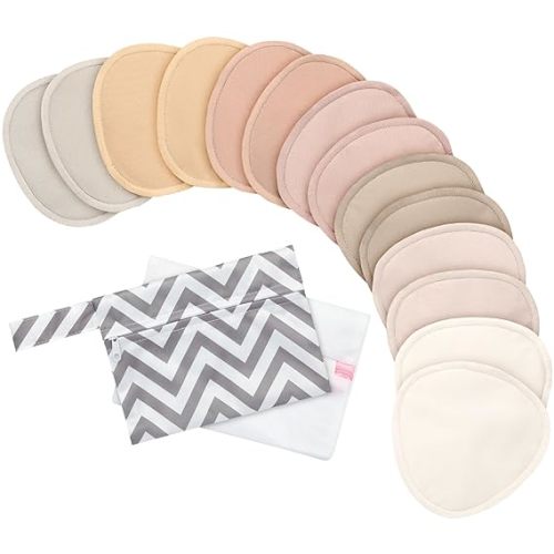 Organic Nursing Pads - 14 Washable Breast Pads for Breastfeeding, Wash Bag, Reusable Nipple Covers for Breastfeeding Essentials, Soft & Absorbent (Neutrals, L 4.8")
