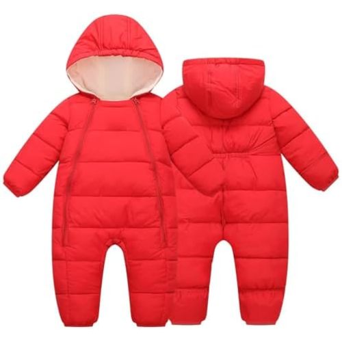BYFRI Baby Snowsuit Infant Winter Jumpsuit 0-24M Toddler Footed Jacket Unisex Warm Hooded Outfit Thick Fleece Coat