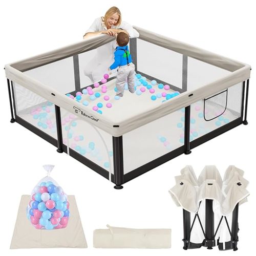 Foldable Baby Playpen with Mat, 50"×50" Collapsible Play Pen for Babies and Toddlers, Indoor & Outdoor Kids Safety Play Pen, Portable Play Yard, Foldable Baby Playpen with 50 Ocean Balls