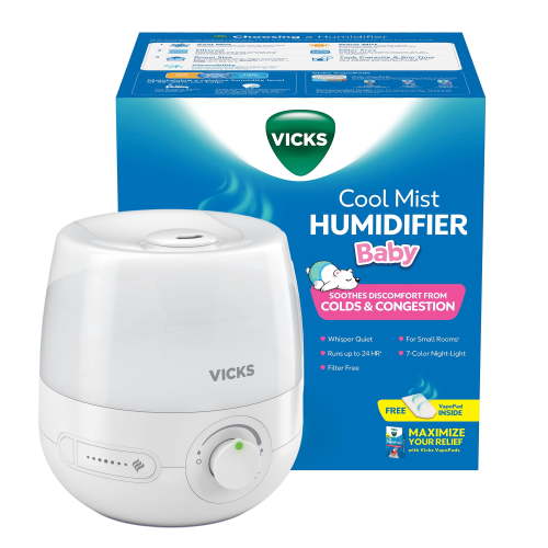 Vicks Baby 0.6 gal Cool Mist Humidifier, Color Changing Night Light & 1 Bonus VapoPad, 200 sq ft