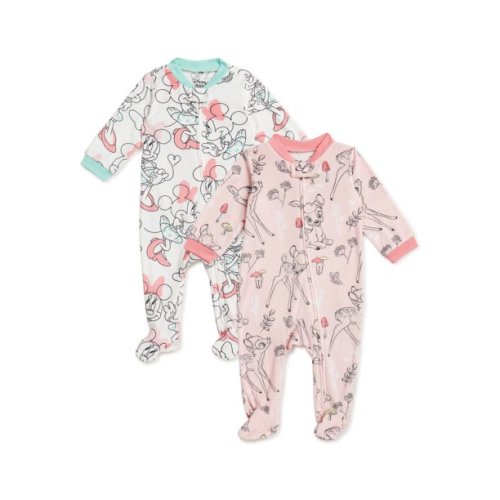 Disney Minnie Mouse & Bambi Newborn Baby Girls Super Soft Lightweight Fleece Sleep 'N Play Footed Pajamas, 2-Pack