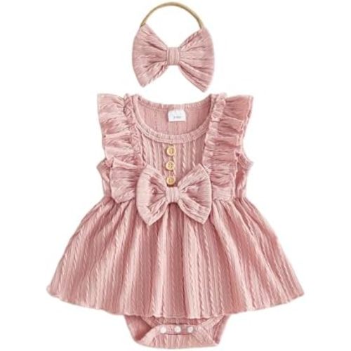 Karuedoo Newborn Infant Baby Girl Summer Clothes Solid Color Ruffle Sleeveless Romper Dress Tutu Bodysuit with Headband