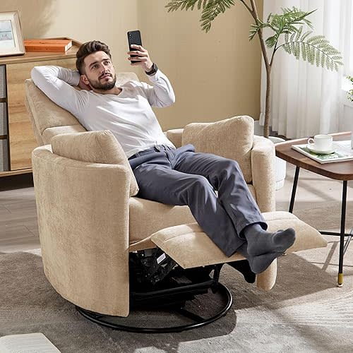 Swivel Rocker Recliner Chair,Manual Nursery Swivel Rocking Recliner,Upholstered Adult Rocking Glider Chair with 2 Pillows for Living Room Bedroom (Khaki, Manual Operation)