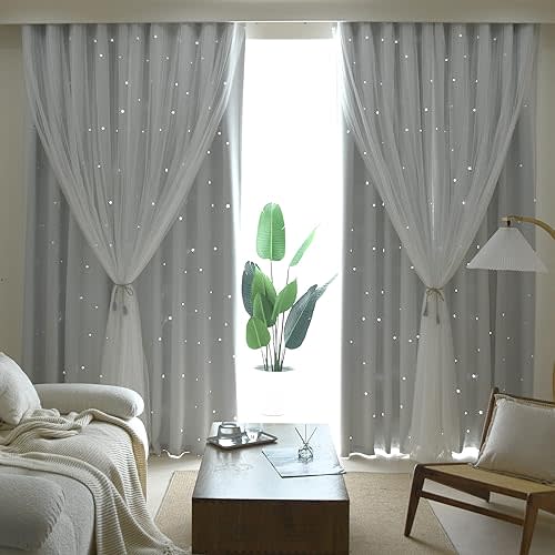 Kinryb Kids Star Cutout Curtains for Bedroom/Living Room/Classroom,2 Free Tiebacks Sheer Overlay 2 Panel Set, Double Layer Curtains for Kids Room(Each Piece W70 x L63 Inches 2 PCs Greyish White)