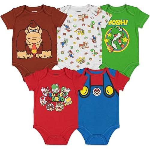 Super Mario Nintendo Donkey Kong Yoshi Mario Lugi Bowser Toad 5 Pack Short Sleeve Bodysuits Newborn to Infant