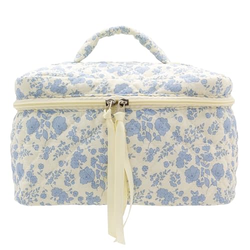 PAZIMIIK Cotton Makeup Bag for Women Large Quilted Travel Cosmetic Case Girls' Make Up Organizer,Little Flower Blue