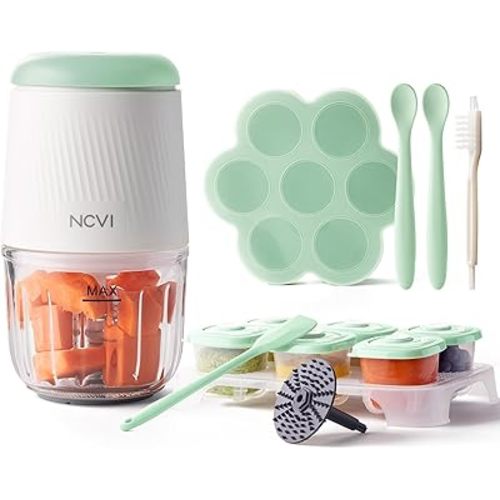NCVI Puree Baby Food Processor Glass Set, Mini Infant Food Maker Blender Machine with 8 Blades and Grinding Disc, Small Blender Including Food Containers, Silicone Tray and Tableware, Green