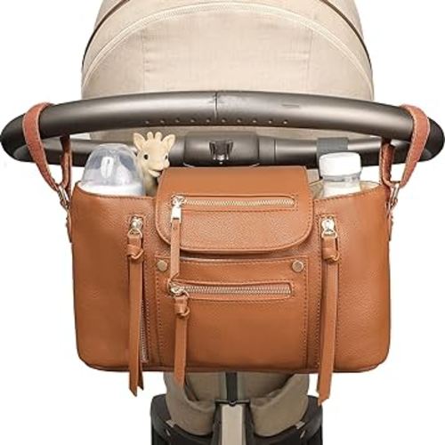miss fong Stroller Organizer with Insulated Cup Holder Stroller Accessory Bag, Stroller Caddy stroller organizer bag with Adjustable Strap to Fit All Strollers (Brown)