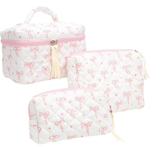 3PCS Makeup Bag SET Large Travel Quilted Zipper Soft Cosmetic Case Pouch for Women Girls Make Up,Bow Pink