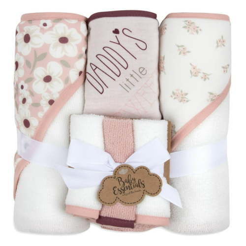 Baby Essentials 6 Piece Printed Hooded Bath Towel and Washcloth Set for Infant, Newborns and Toddlers 3 – 24 Months for Bath Time, Showers, Lounge, Beach and Daddy's Little Sweetie Print