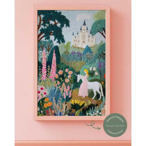 Unicorn Garden Print – Fairytale Castle, Whimsical Floral Nursery Wall Art