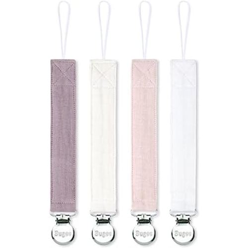 Pacifier Clip for Baby Boy and Girl - Linen Soft Fabric Pacifier Hold with Clip for Binky, Leash Soothie Holder Unisex 4 Pack (Pink)